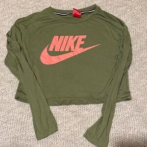 Nike Women's Long Sleeve Top in Olive with Pink Logo
